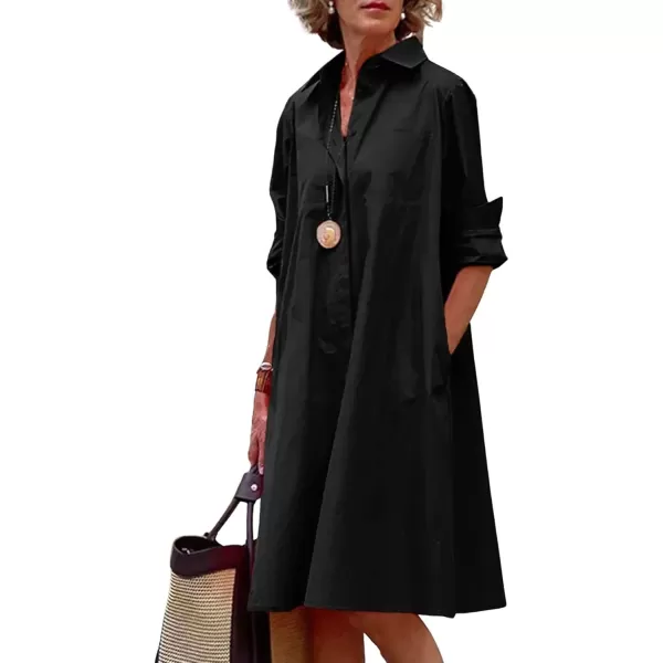 chouyatou Womens Spring Summer ButtonDown Shirt Dress Loose ALine Midi Shift Tunic DressBlack