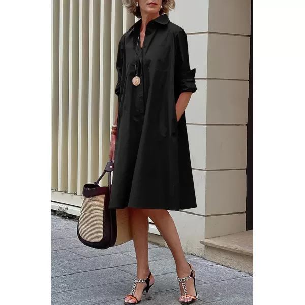 chouyatou Womens Spring Summer ButtonDown Shirt Dress Loose ALine Midi Shift Tunic DressBlack