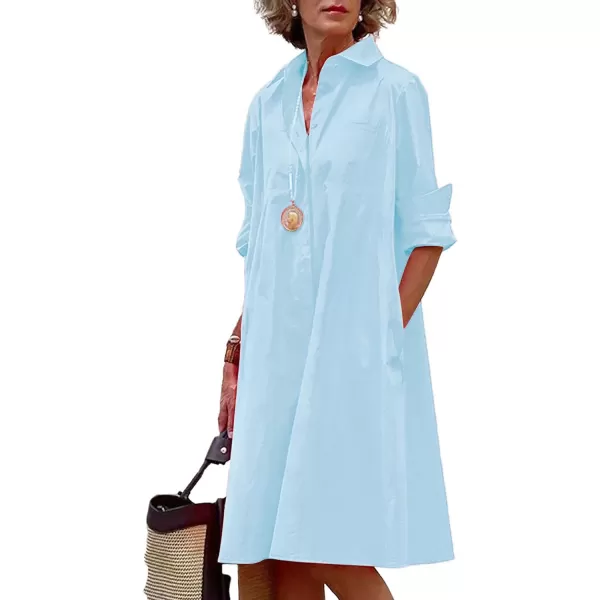 chouyatou Womens Spring Summer ButtonDown Shirt Dress Loose ALine Midi Shift Tunic DressBlue
