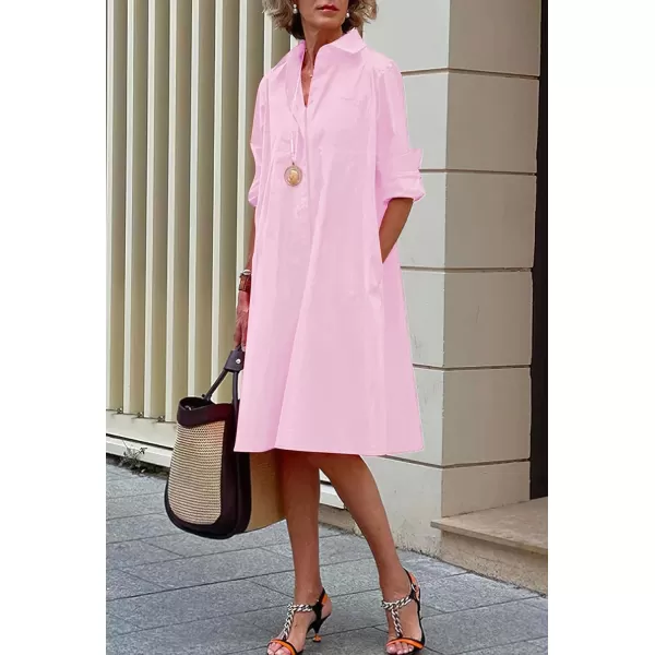 chouyatou Womens Spring Summer ButtonDown Shirt Dress Loose ALine Midi Shift Tunic DressPink