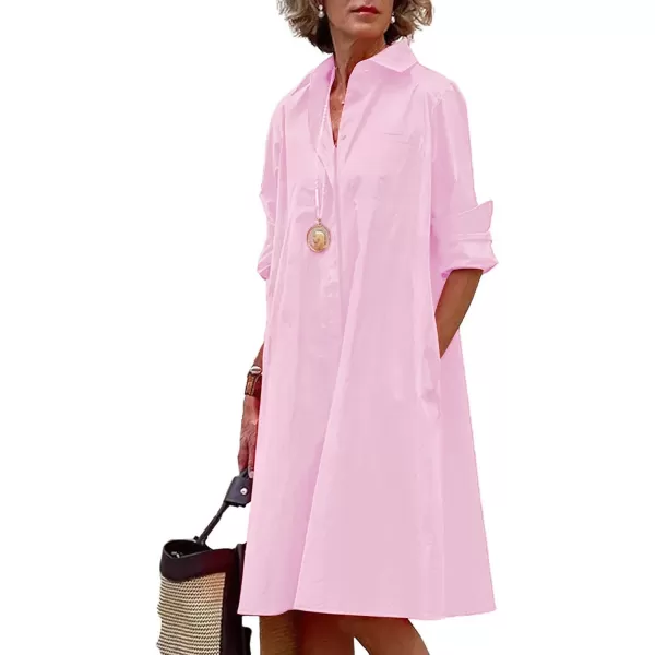 chouyatou Womens Spring Summer ButtonDown Shirt Dress Loose ALine Midi Shift Tunic DressPink