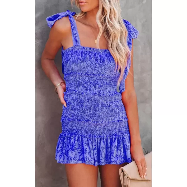 chouyatou Womens Summer Floral Spaghetti Strap Square Neck Ruffle Tie Mini Smocked DressBlue