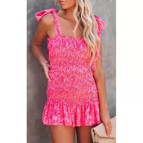 chouyatou Womens Summer Floral Spaghetti Strap Square Neck Ruffle Tie Mini Smocked DressRed