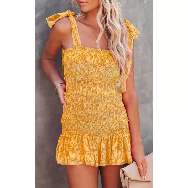 chouyatou Womens Summer Floral Spaghetti Strap Square Neck Ruffle Tie Mini Smocked DressYellow