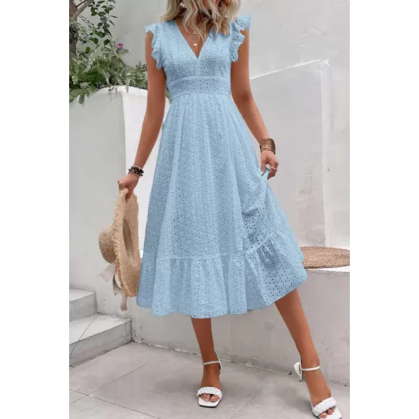 chouyatou Womens Summer Flutter Sleeve Embroidery Eyelet Lace Dress VNeck ALine Beach Sun DressLight Blue