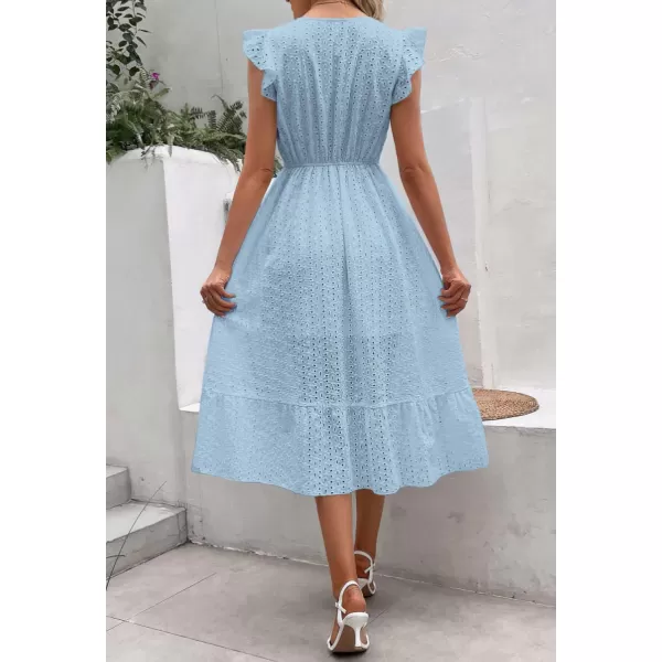 chouyatou Womens Summer Flutter Sleeve Embroidery Eyelet Lace Dress VNeck ALine Beach Sun DressLight Blue