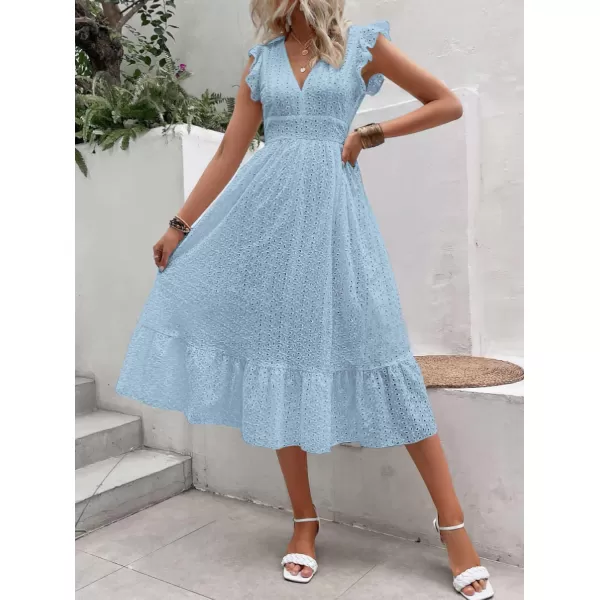 chouyatou Womens Summer Flutter Sleeve Embroidery Eyelet Lace Dress VNeck ALine Beach Sun DressLight Blue