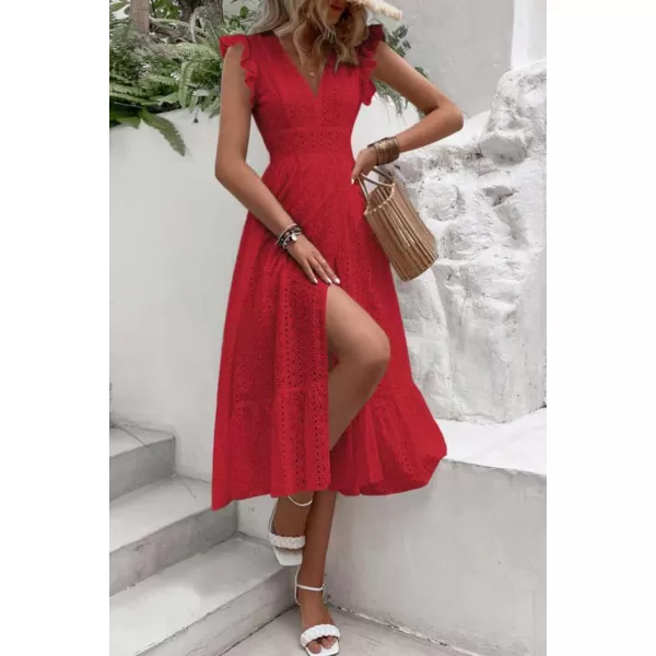 chouyatou Womens Summer Flutter Sleeve Embroidery Eyelet Lace Dress VNeck ALine Beach Sun DressRed
