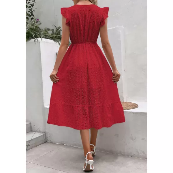 chouyatou Womens Summer Flutter Sleeve Embroidery Eyelet Lace Dress VNeck ALine Beach Sun DressRed