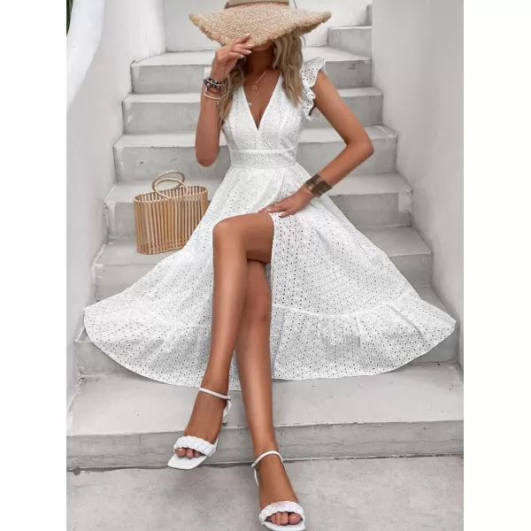 chouyatou Womens Summer Flutter Sleeve Embroidery Eyelet Lace Dress VNeck ALine Beach Sun DressWhite