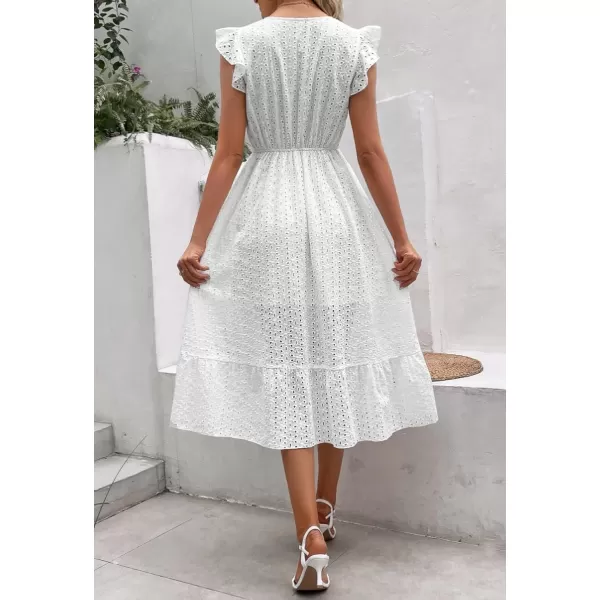 chouyatou Womens Summer Flutter Sleeve Embroidery Eyelet Lace Dress VNeck ALine Beach Sun DressWhite