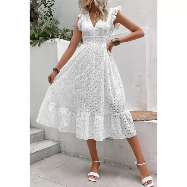 chouyatou Womens Summer Flutter Sleeve Embroidery Eyelet Lace Dress VNeck ALine Beach Sun DressWhite