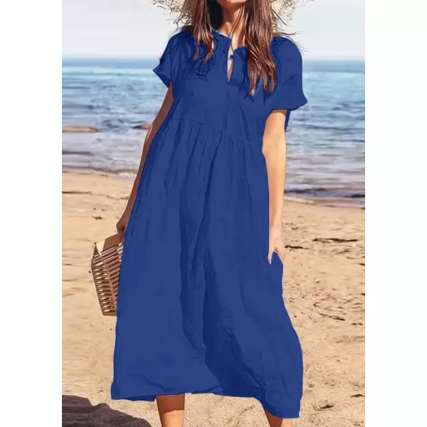 chouyatou Womens Summer Notch VNeck Midi Long Linen Dress ALine Loose Casual Tunic Beach DressBlue