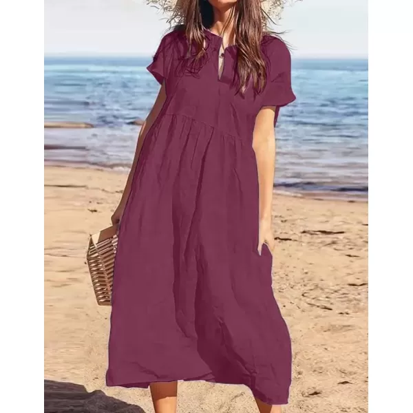 chouyatou Womens Summer Notch VNeck Midi Long Linen Dress ALine Loose Casual Tunic Beach DressWine Red