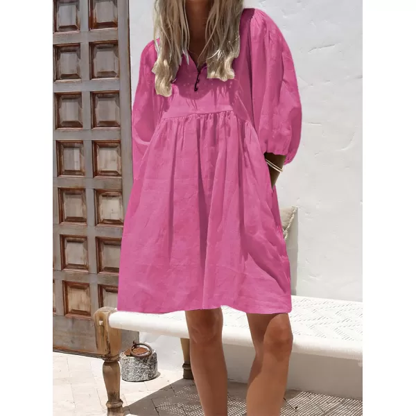 chouyatou Womens Summer Puff Sleeve Cotton Tunic Dress VNeck Mini Vacation Babydoll DressHot Pink
