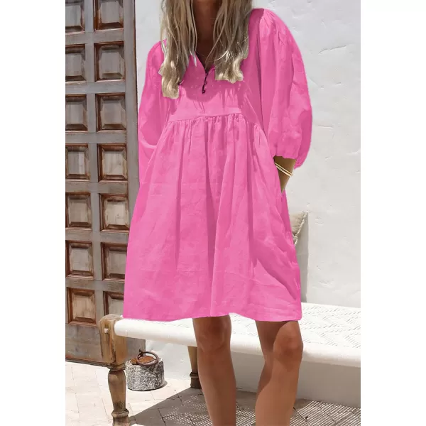 chouyatou Womens Summer Puff Sleeve Cotton Tunic Dress VNeck Mini Vacation Babydoll DressLight Pink