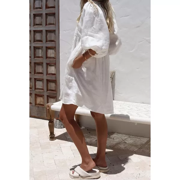 chouyatou Womens Summer Puff Sleeve Cotton Tunic Dress VNeck Mini Vacation Babydoll DressWhite