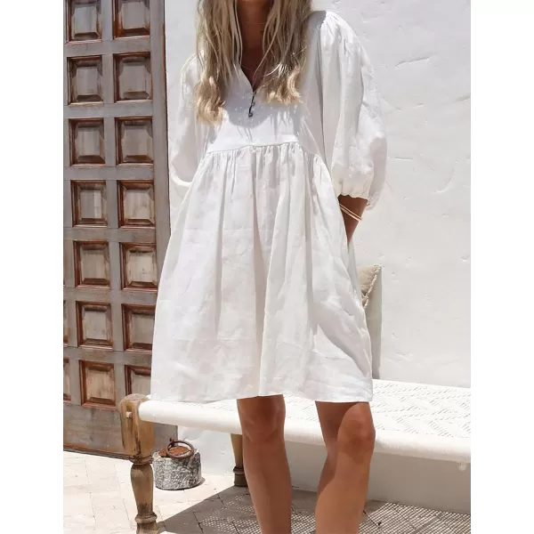 chouyatou Womens Summer Puff Sleeve Cotton Tunic Dress VNeck Mini Vacation Babydoll DressWhite