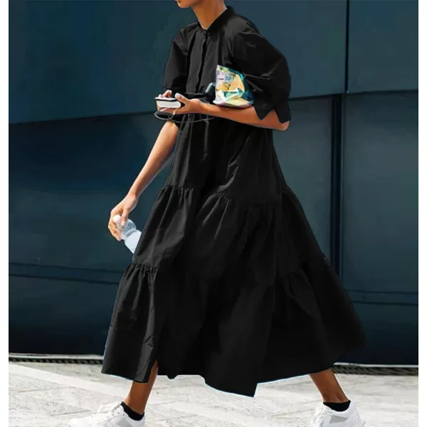 chouyatou Womens Summer Puff Sleeve Maxi Tiered Babydoll Dress Casual ALine Swing Long Shirt DressBlack