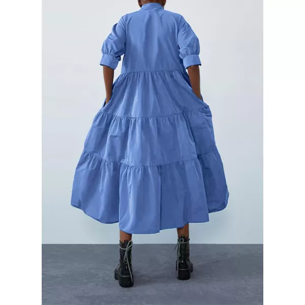 chouyatou Womens Summer Puff Sleeve Maxi Tiered Babydoll Dress Casual ALine Swing Long Shirt DressBlue