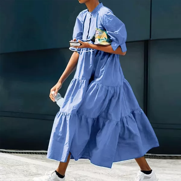 chouyatou Womens Summer Puff Sleeve Maxi Tiered Babydoll Dress Casual ALine Swing Long Shirt DressBlue
