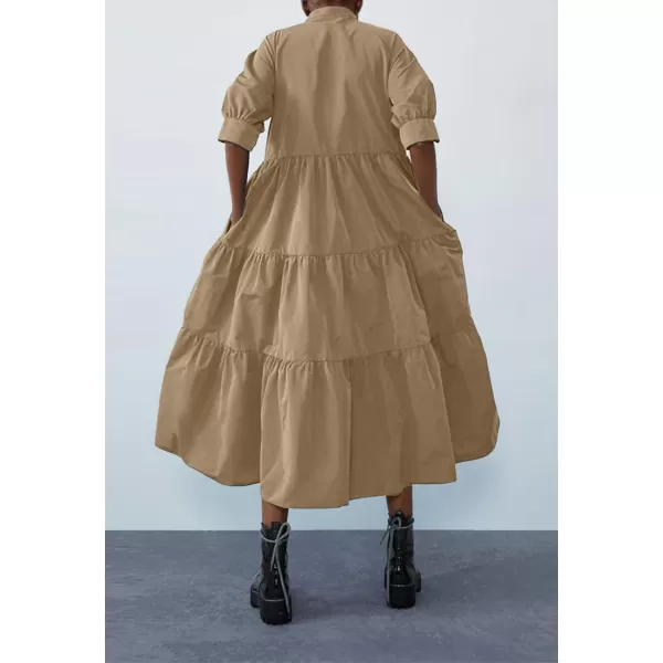 chouyatou Womens Summer Puff Sleeve Maxi Tiered Babydoll Dress Casual ALine Swing Long Shirt DressKhaki