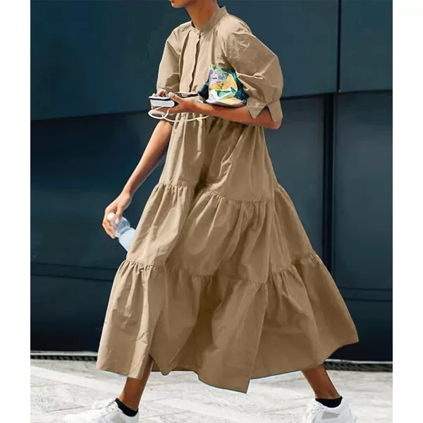 chouyatou Womens Summer Puff Sleeve Maxi Tiered Babydoll Dress Casual ALine Swing Long Shirt DressKhaki