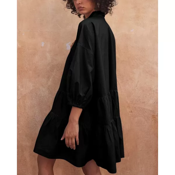 chouyatou Womens Summer Puff Sleeve Tiered Tunic Babydoll Dress Cute Mini Button Down Shirt DressBlack