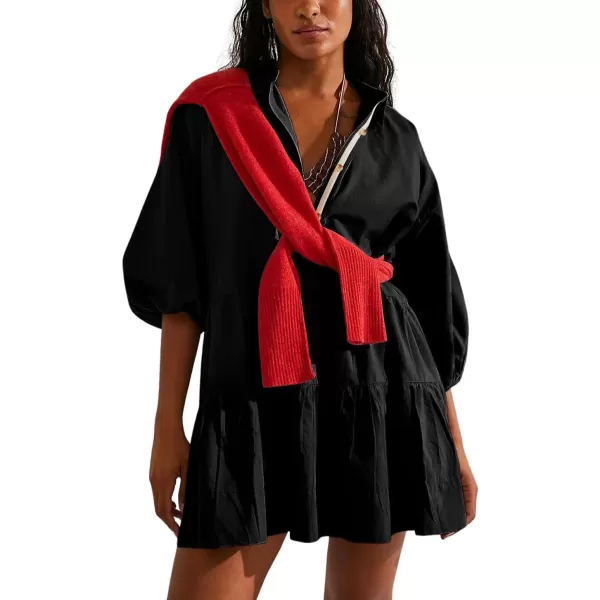 chouyatou Womens Summer Puff Sleeve Tiered Tunic Babydoll Dress Cute Mini Button Down Shirt DressBlack