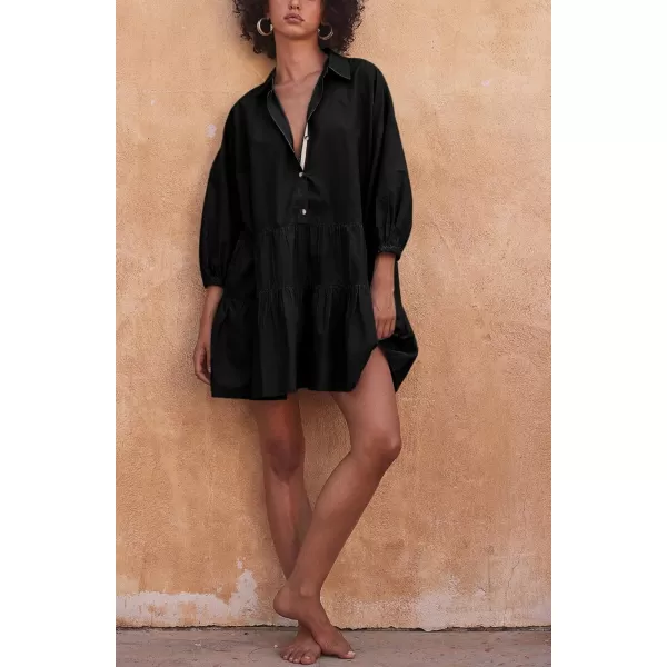chouyatou Womens Summer Puff Sleeve Tiered Tunic Babydoll Dress Cute Mini Button Down Shirt DressBlack