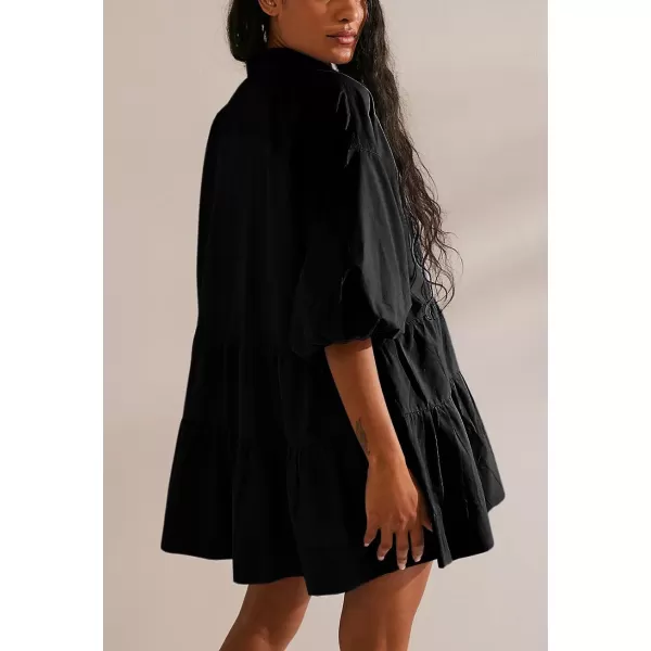 chouyatou Womens Summer Puff Sleeve Tiered Tunic Babydoll Dress Cute Mini Button Down Shirt DressBlack