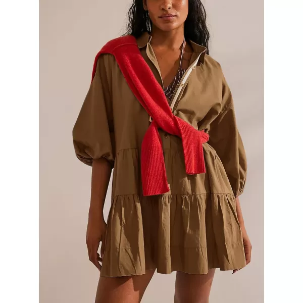 chouyatou Womens Summer Puff Sleeve Tiered Tunic Babydoll Dress Cute Mini Button Down Shirt DressDark Khaki