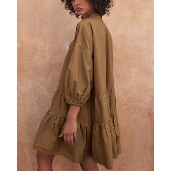 chouyatou Womens Summer Puff Sleeve Tiered Tunic Babydoll Dress Cute Mini Button Down Shirt DressDark Khaki