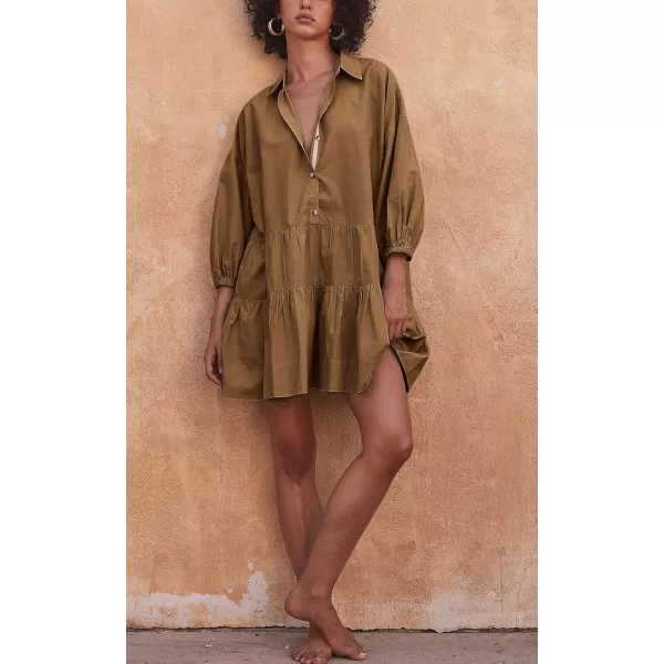 chouyatou Womens Summer Puff Sleeve Tiered Tunic Babydoll Dress Cute Mini Button Down Shirt DressDark Khaki