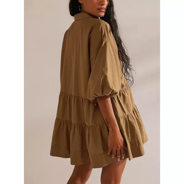 chouyatou Womens Summer Puff Sleeve Tiered Tunic Babydoll Dress Cute Mini Button Down Shirt DressDark Khaki
