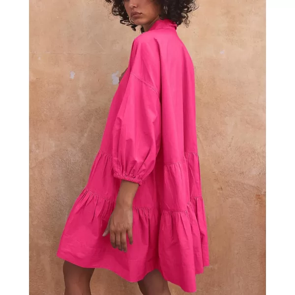 chouyatou Womens Summer Puff Sleeve Tiered Tunic Babydoll Dress Cute Mini Button Down Shirt DressHot Pink