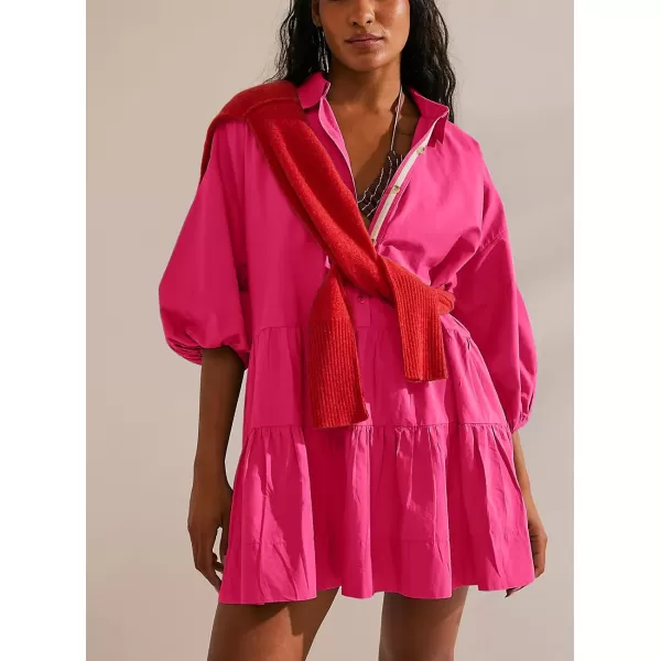 chouyatou Womens Summer Puff Sleeve Tiered Tunic Babydoll Dress Cute Mini Button Down Shirt DressHot Pink