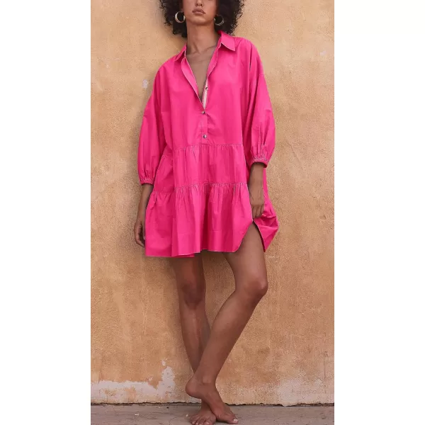 chouyatou Womens Summer Puff Sleeve Tiered Tunic Babydoll Dress Cute Mini Button Down Shirt DressHot Pink