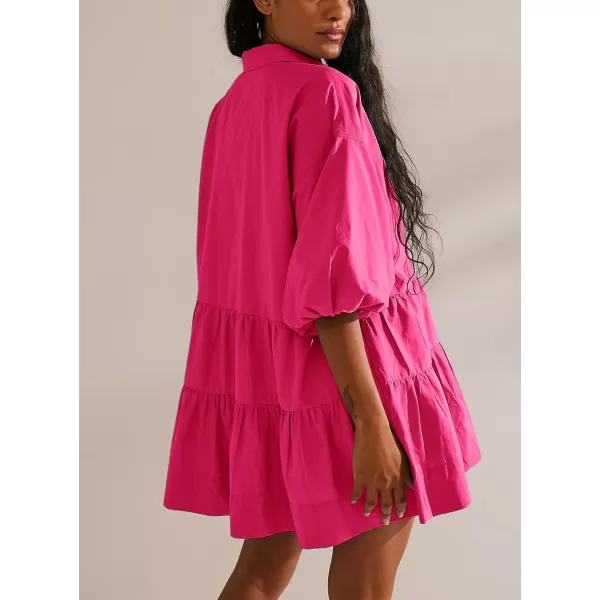 chouyatou Womens Summer Puff Sleeve Tiered Tunic Babydoll Dress Cute Mini Button Down Shirt DressHot Pink