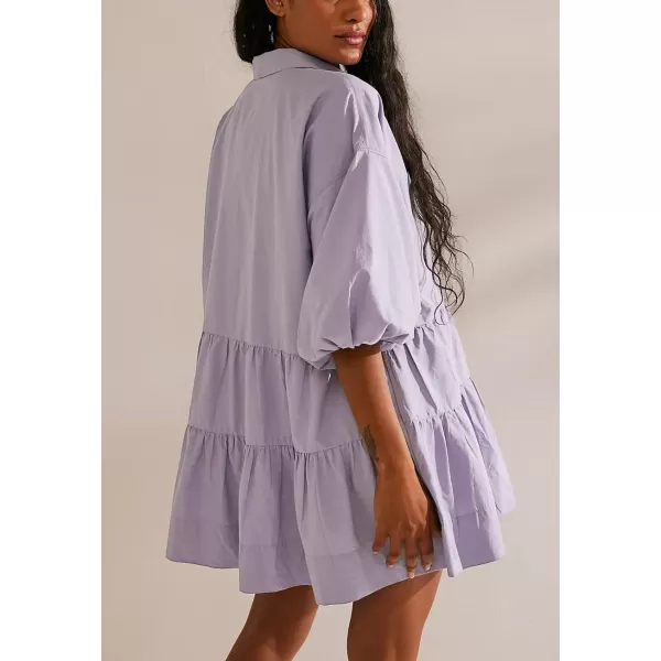 chouyatou Womens Summer Puff Sleeve Tiered Tunic Babydoll Dress Cute Mini Button Down Shirt DressPurple