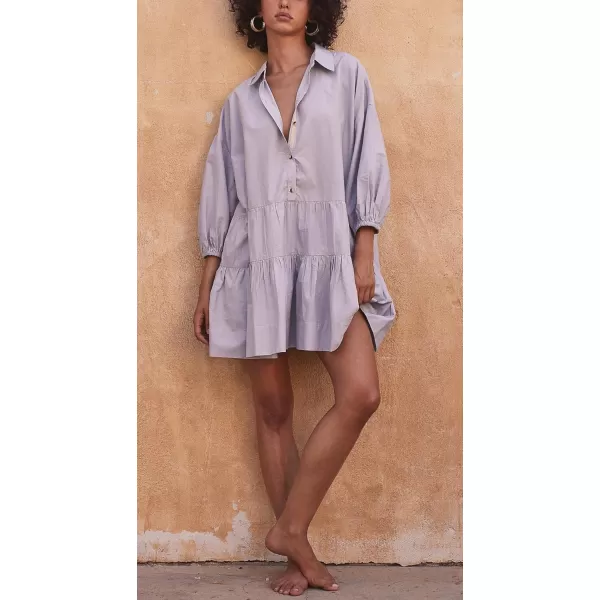 chouyatou Womens Summer Puff Sleeve Tiered Tunic Babydoll Dress Cute Mini Button Down Shirt DressPurple