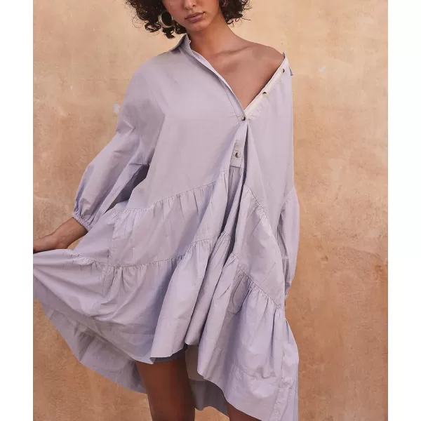chouyatou Womens Summer Puff Sleeve Tiered Tunic Babydoll Dress Cute Mini Button Down Shirt DressPurple