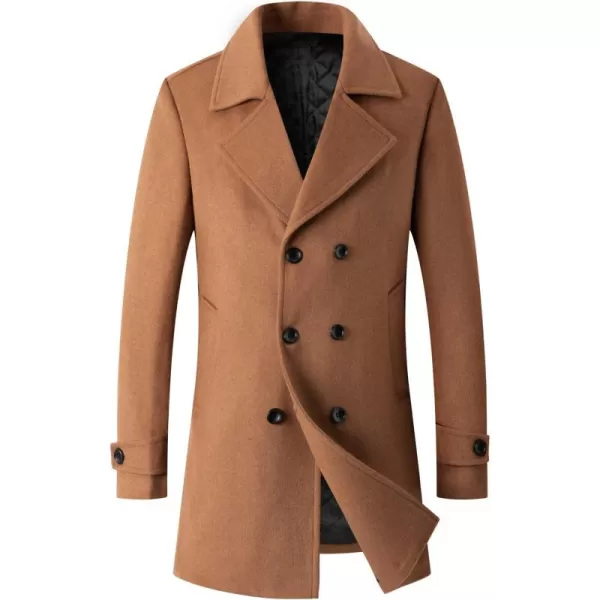 chouyatou Mens Classic Double Breasted Wool Blend Pea Coat Mid Long Trench CoatCamel
