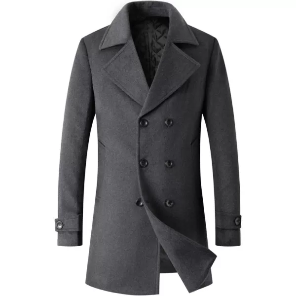 chouyatou Mens Classic Double Breasted Wool Blend Pea Coat Mid Long Trench CoatDark Grey