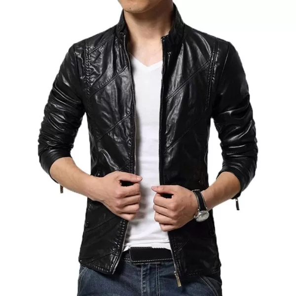 chouyatou Mens Cool Stylish Slim Fit Stand Collar Lightweight Bomber Faux Leather Jacket CoatBlack