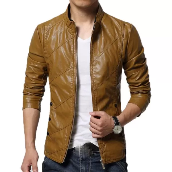 chouyatou Mens Cool Stylish Slim Fit Stand Collar Lightweight Bomber Faux Leather Jacket CoatKhaki