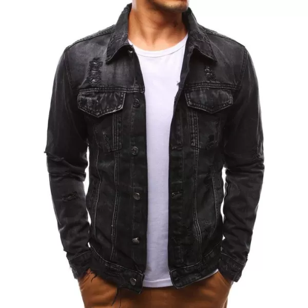 chouyatou Mens Distressed Button Front Casual Denim Jean Trucker JacketBlack