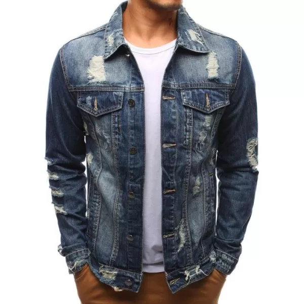chouyatou Mens Distressed Button Front Casual Denim Jean Trucker JacketBlue