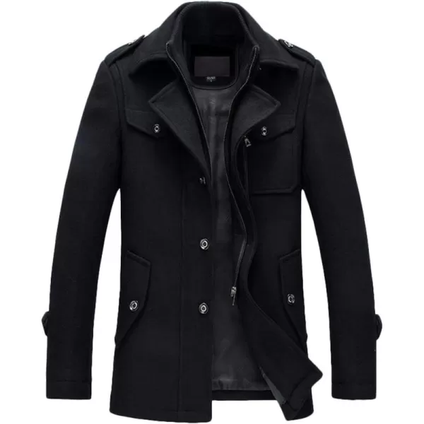 chouyatou Mens Gentle Layered Collar Single Breasted Quilted Lined Wool Blend Pea CoatsBblack