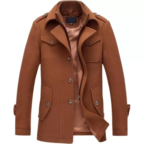 chouyatou Mens Gentle Layered Collar Single Breasted Quilted Lined Wool Blend Pea CoatsBbrown